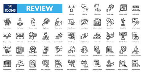 review line icon set. Star Rating, Thumbs Up, Thumbs Down, Verified Badge, Customer Review, Expert Review, Product Evaluation