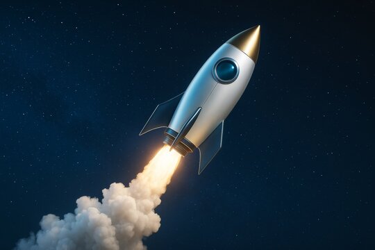 Cartoon-style rocket ship launching into starry night sky with bright flames and smoke on a dark cosmic background, symbolizing business startup concept. - Powered by Adobe
