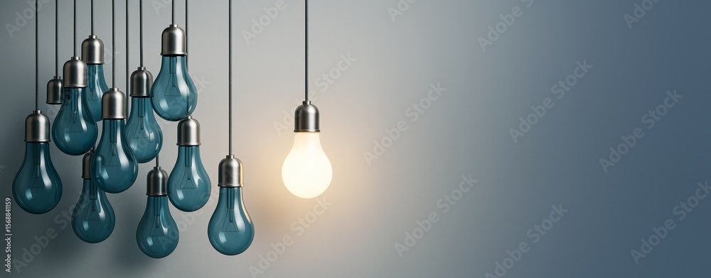 Poster one illuminated light bulb among many unlit blue bulbs on gradient background illustrating innovatio