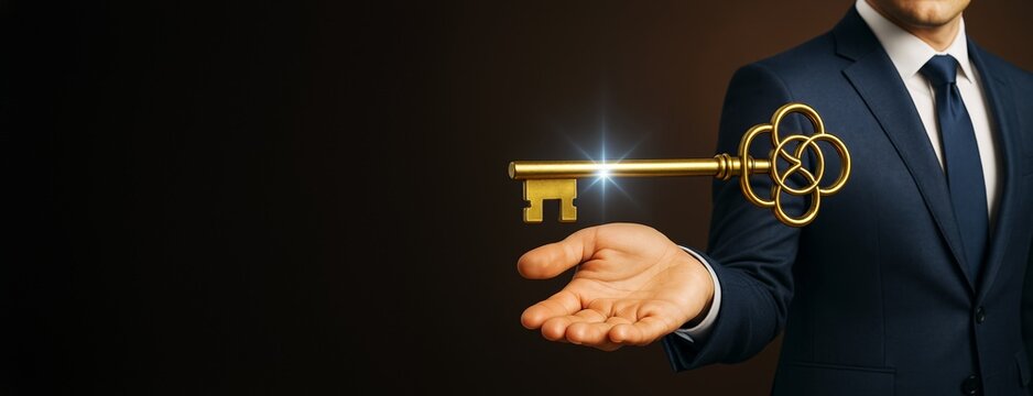 Businessman holding a glowing golden key on dark background symbolizing opportunity, success and unlocking potential for business and personal growth.