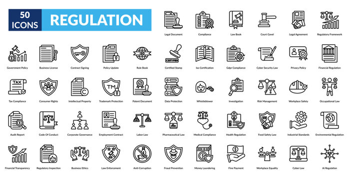 regulation line icon set. Legal Document, Compliance, Law Book, Court Gavel, Legal Agreement, Regulatory Framework, Government Policy - Powered by Adobe