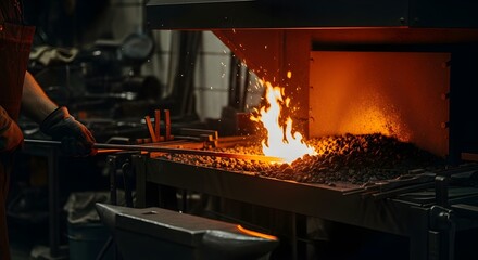Intense Forge Scene: Glowing Fire, Sparks, and Blacksmith's Tools in Action