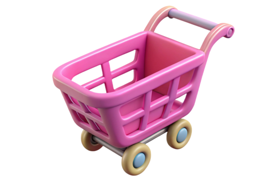 Cute pink cartoon shopping cart isolated on transparent background