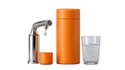 Orange Soda Siphon: A stylish orange soda siphon with a chrome nozzle, ready to carbonate your drink, sits next to a glass of bubbly water and a spare cap.