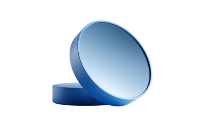 Blue circular mirror: A minimalist, modern design showcases a stylish, blue, circular mirror on an angled stand, ideal for reflection and aesthetic appeal. 