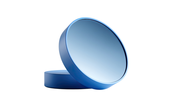 Blue circular mirror: A minimalist, modern design showcases a stylish, blue, circular mirror on an angled stand, ideal for reflection and aesthetic appeal. 