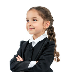 Smiling little girl wearing lawyer uniform standing side view isolate on transparency background