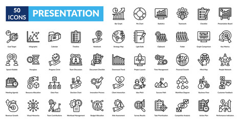 presentation line icon set. Bar Graph, Pie Chart, Statistics, Teamwork, Checklist, Presentation Board, Goal Target