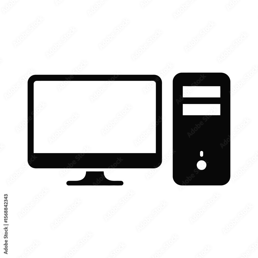 Fototapete Desktop Computer Icon with Monitor and CPU Tower in Black