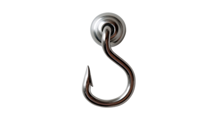 Shiny Metallic Hook: A close-up shot captures a sleek, silver-colored metallic hook, designed with a curved form and a sharp, pointed end, perfect for holding or suspending items.