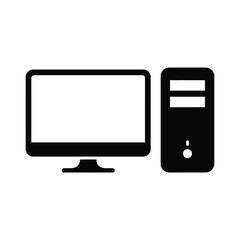 Desktop Computer Icon with Monitor and CPU Tower in Black