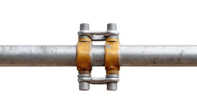 Scaffolding joint: A scaffolding joint clamps a pair of metal pipe, creating a solid structure