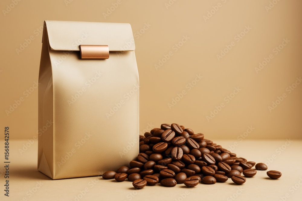 Poster coffee beans and blank packaging bag on beige background for branding and advertising concept with c