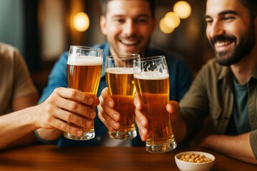 Friends toasting with beer glasses at a bar, smiling and enjoying drinks together in a warm, festive atmosphere with blurred lights in background.