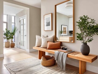 Elegant apartment foyer with wooden bench and decorative plants