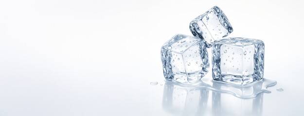 Close-up of melting ice cubes with water droplets on white background, ideal for drink advertising, design mockup or refreshment concept poster.