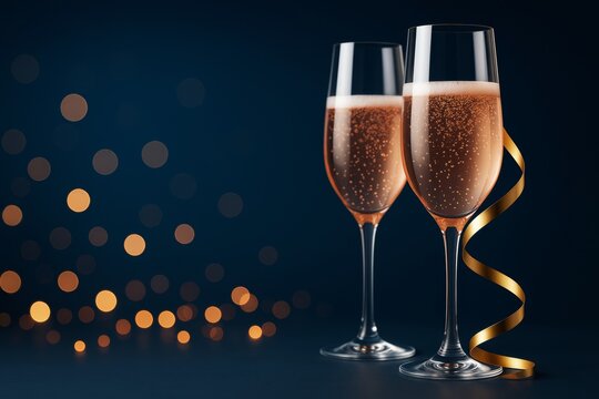 Two champagne glasses with golden ribbon on dark background and festive light bokeh, elegant drink mockup for celebration poster or banner.