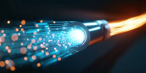 A fiber optic cable with glowing blue and orange lights emitting from it.