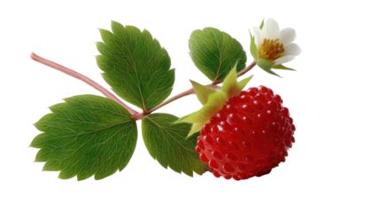 Wild Strawberry Beauty: A close-up studio capture of a wild strawberry in its prime. The vibrant red berry and delicate flower blossom with lush green leaves, conveying a natural and organic vibe.
