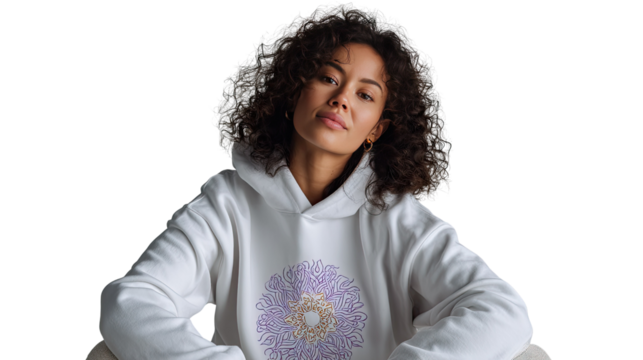 Poised in Purple: A captivating woman, radiates inner peace as she wears a white hoodie adorned with an elegant purple design, embodying a moment of quiet contemplation and grace.