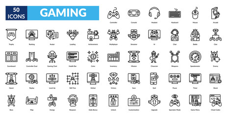 GAMING line icon set. Controller, Console, Headset, Keyboard, Mouse, Arcade, Trophy