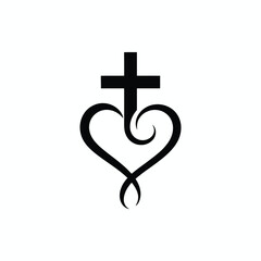 Christian cross with heart shape symbol in black and white