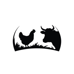 Black and white silhouette of a chicken and cow in grass