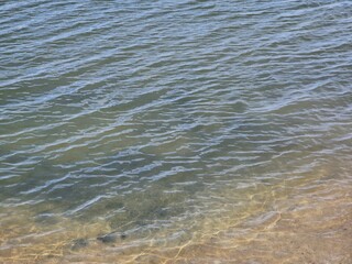 Clear shallow sea water with sunlight reflections on sandy bottom at a calm shoreline