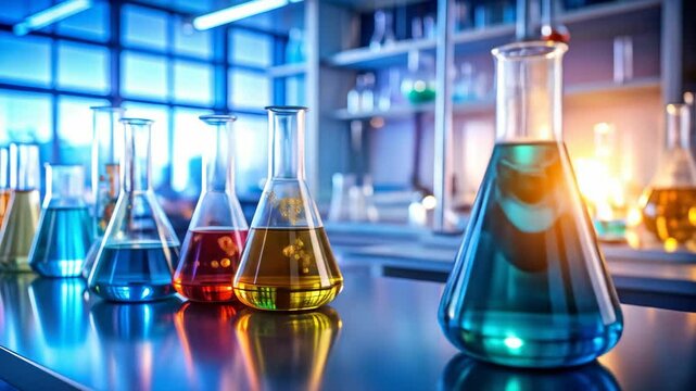 Colorful liquids in beakers shine on a laboratory bench against a blurred background
