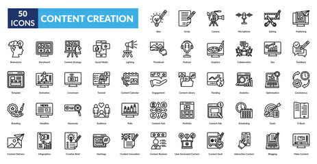 content creation line icon set. Idea, Script, Camera, Microphone, Editing, Publishing, Brainstorm
