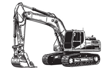 Heavy Duty Excavator Construction Vehicle Vector Engraving Illustration