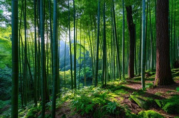 Obraz premium A dense bamboo forest at sunrise, with sunlight filtering through the tall trees, creating long shadows on lush green leaves and colorful flowers scattered throughout