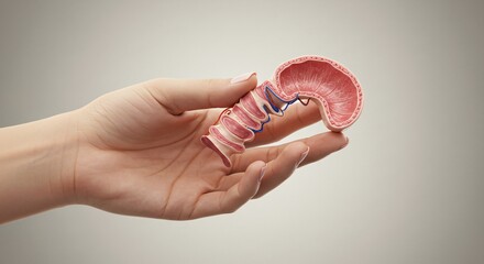 Hand shows and holds human Esophagus.