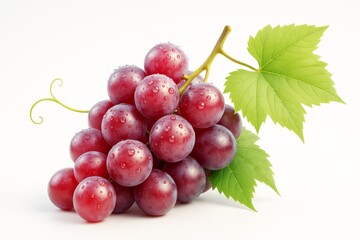 Fototapeta premium Fresh red grape cluster with green leaves and water droplets on white background in realistic light food style. Ai generative.