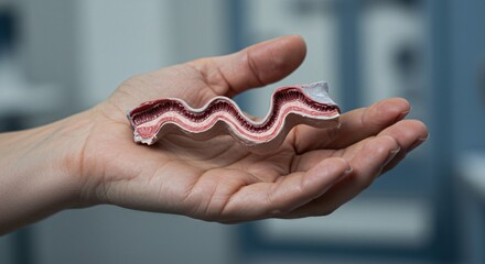 Hand shows and holds human Esophagus.