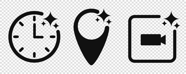 AI icon set. Time,  Location and Video artificial intelligence.
