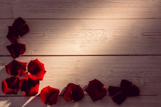 Fototapeta Red rose petals on wood with copy space