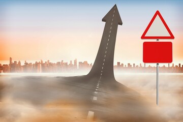 Surreal flat design arrow-shaped road is rising from misty sand with blank red signs, skyline