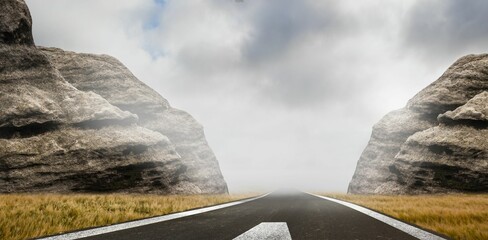 central asphalt road with white arrow marking is disappearing into fog in flat design among cliffs