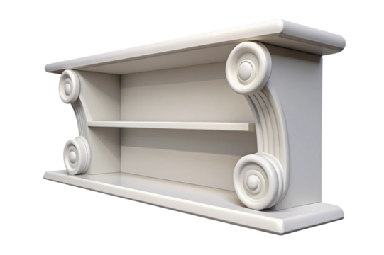 Elegant white shelf with ornate scroll brackets isolated on transparent background