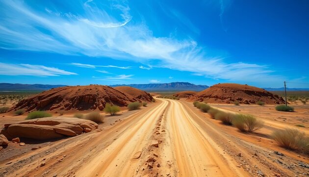 Rough dirt mound road cuts through arid landscape under vast blue sky,  earthworks,  earth