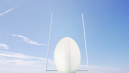 Flat design is showing white egg sculpture hanging between metal posts under blue sky