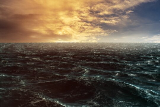 Fototapeta Ocean surface is rolling in flat illustration, showing golden horizon and cloudy sky
