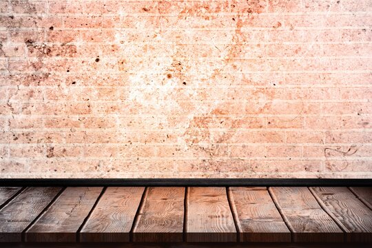 Fototapeta flat design rustic wooden surface is sitting in loft with worn brick wall backdrop, copy space