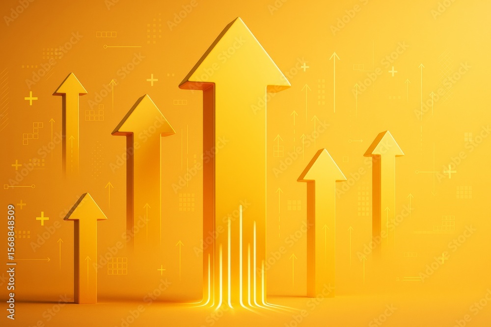Poster Multiple yellow arrows pointing upward on bright orange background with glowing light effects and abstract graphic elements symbolizing growth and progress.