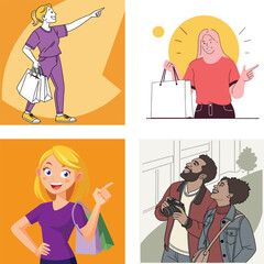 Fototapeta premium Diverse people enjoying activities like shopping and sightseeing with cameras