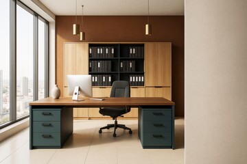 Modern executive office interior with wooden furniture, filing shelves, and city view window in minimalist style on a sunny day background.