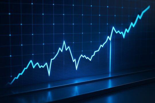 Abstract glowing blue financial chart with upward trend line on dark digital background, representing stock market growth and success. - Powered by Adobe