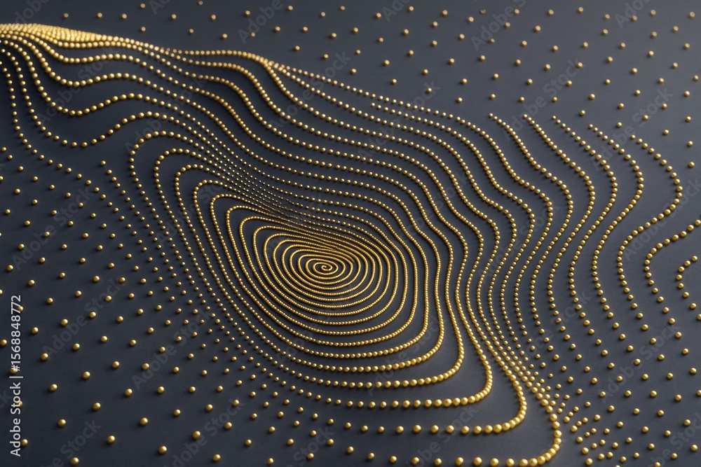 Aufkleber Abstract concentric wave pattern made of golden spheres forming topographic lines on dark background in creative light graphic style.