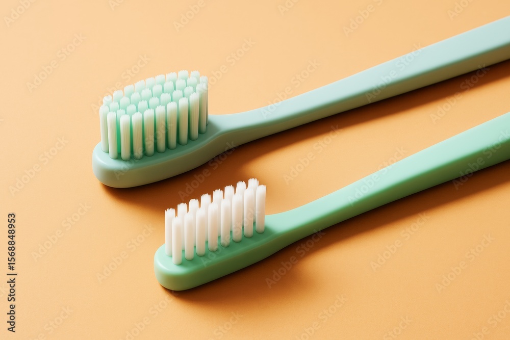 Poster Two pastel green toothbrushes with soft bristles laying on a warm orange background in minimalistic style with light and abstract composition concept.